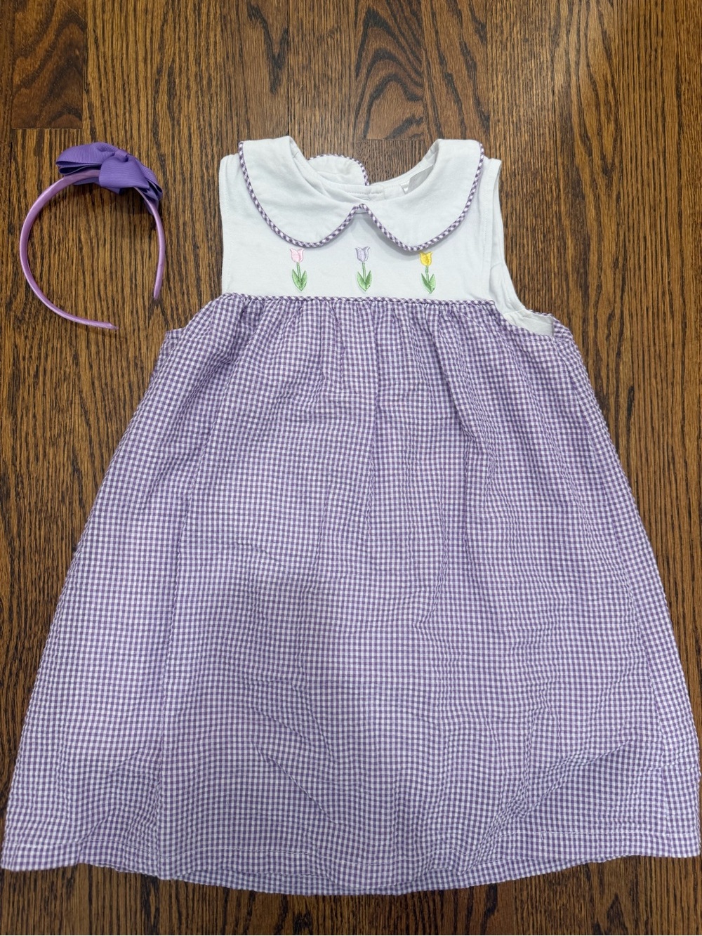 Girls Purple Gingham Dress with Embroidered Tulips